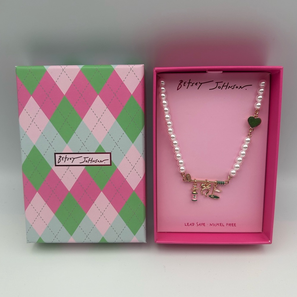 *New* Betsey Johnson Faux Pearl Charm Necklace with Gold-Toned Golf Charms